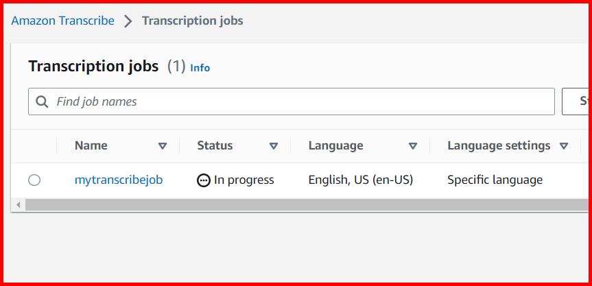 Picture showing the status of the transcribe job as in progress